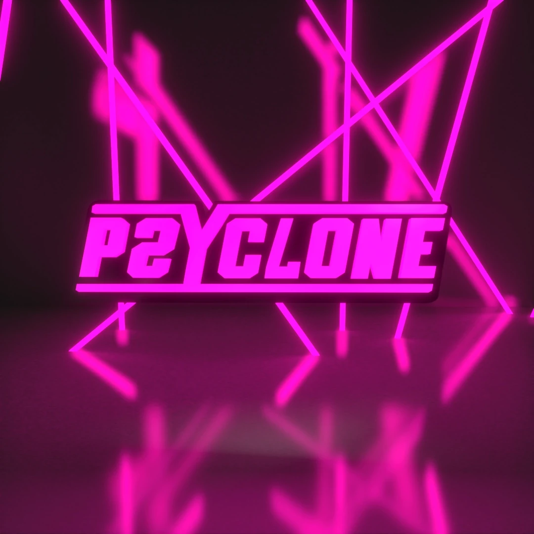 PSYCLONE artist identity with neon pink 3D logo